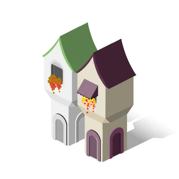 Vector illustration of Isometric European Houses - European Buildings - Small Spanish Town - Villages in Europe - Destination Europe - Travel Spot - Locations - Places in Europe - Visit Spain - European Architecture - Travel Rentals - Visit Portugal - Portuguese Architecture