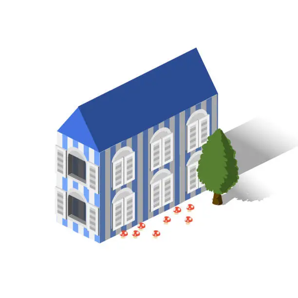 Vector illustration of Isometric European Houses - European Buildings - Small Spanish Town - Villages in Europe - Destination Europe - Travel Spot - Locations - Places in Europe - Visit Spain - European Architecture - Travel Rentals - Visit Portugal - Portuguese Architecture