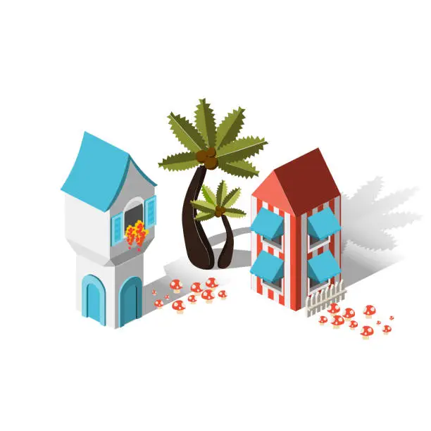 Vector illustration of Isometric European Houses - European Buildings - Small Spanish Town - Villages in Europe - Destination Europe - Travel Spot - Locations - Places in Europe - Visit Spain - European Architecture - Travel Rentals - Visit Portugal - Portuguese Architecture