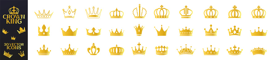 Gold crown icons. Set of Crowns, Royal Medieval Heraldic Vintage Heraldry Headwear for King or Queen