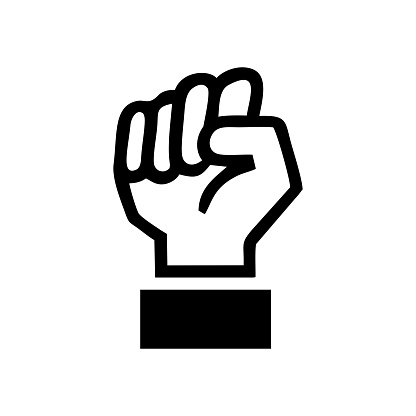 Raised fist icon symbol of victory, strength and solidarity. Empower, courage, strong, power concept. Human hand up in the air. Vector illustration.
