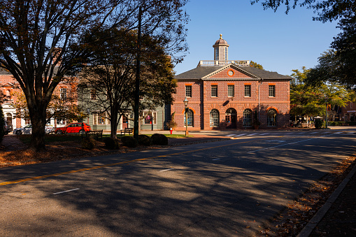 Historical brick building in Merchants Square of Colonial Williamsburg in Virginia