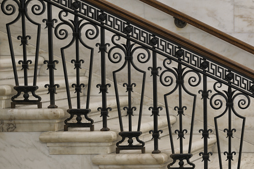 Charleston, West Virginia, USA - November 6, 2023: Staircase railing details in the West Wing of the West Virginia State Capitol building