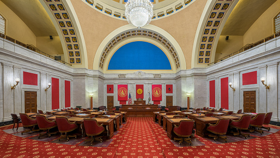 Charleston, West Virginia, USA - November 6, 2023: An empty Senate chamber of the West Virginia State Capitol building