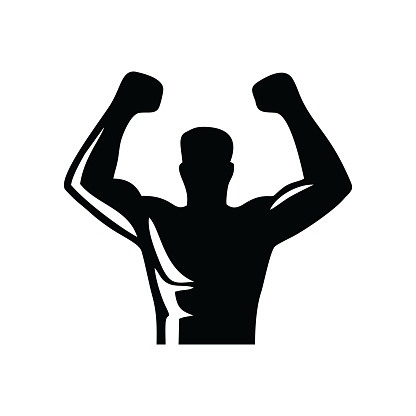 Silhouette of a strong man, athlete icon. Body building muscles. Vector illustration.