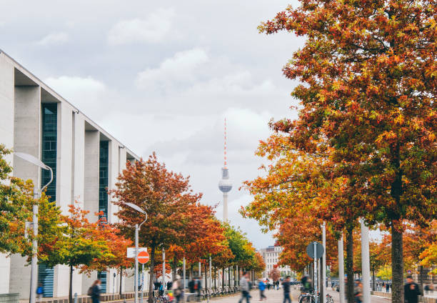 Street in Autumn. TV Tower in the background. Berlin.