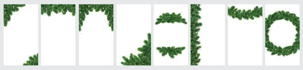 Christmas tree decoration on transparent background, vector. Vertical format for social media, standard screen size. Christmas tree decoration on transparent background, vector. Vertical format for social media, standard screen size. Holiday fir tree garland, winter frame. Christmas wreath, realistic branches. pine garland stock illustrations