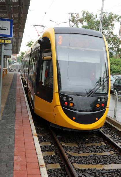 istock yellow tram number 3 stopped at the terminus on the tracks 1822964857