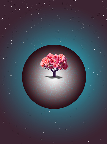 The roses on blossoming tree on small planet. Another planet. Life outside planet earth..