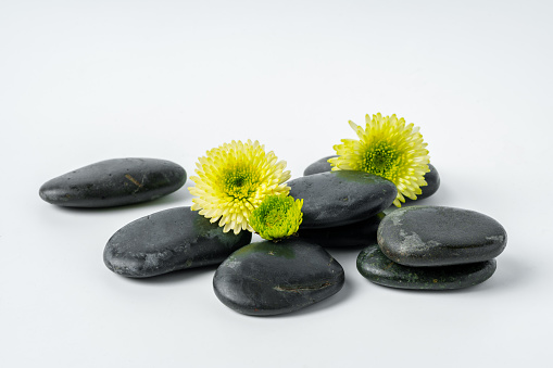 Spa stones and flowers on the white background close up