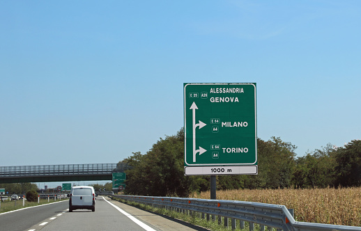 Motorway sign to go to the Italian French cities of MILANO also called Milan and  other places in Northern Italy