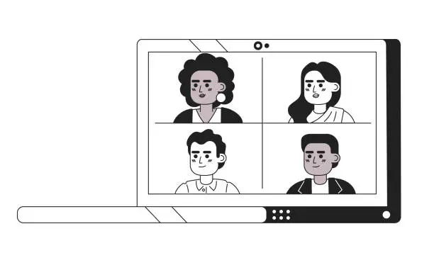 Vector illustration of Laptop with group video call black and white 2D cartoon object