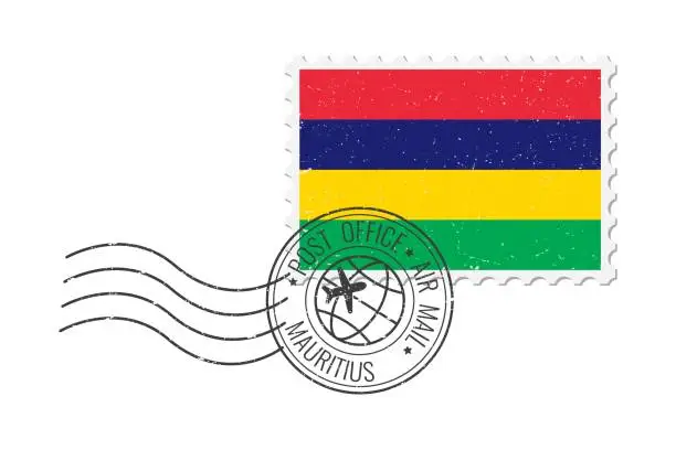 Vector illustration of Mauritius grunge postage stamp. Vintage postcard vector illustration with Mauritius national flag isolated on white background. Retro style.