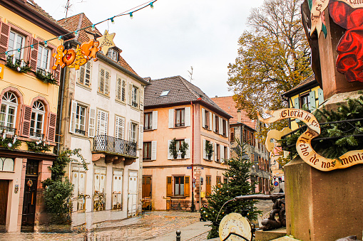 Image of the streets of the village of Ribeauville decorated for Christmas
