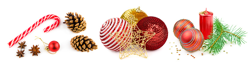 Christmas decor isolated on white background. Collage. Wide photo.