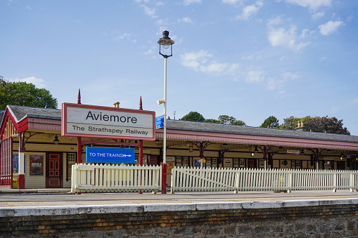 Aviemore, Scotland - September 04 2023: The historic Aviemore train station in Scotland.