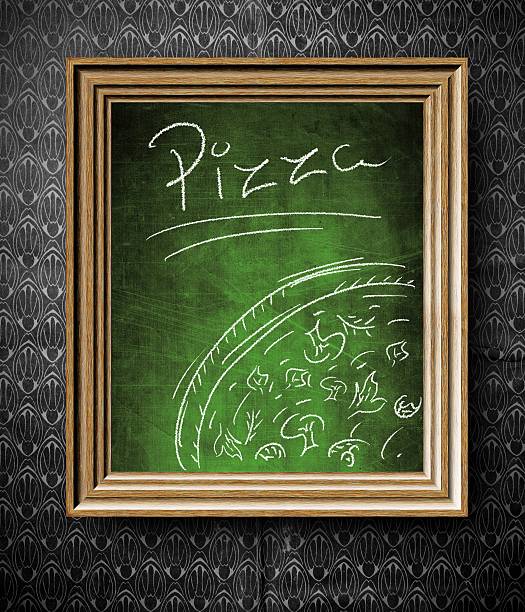 istock Pizza menu chalkboard in old wooden frame 182301018