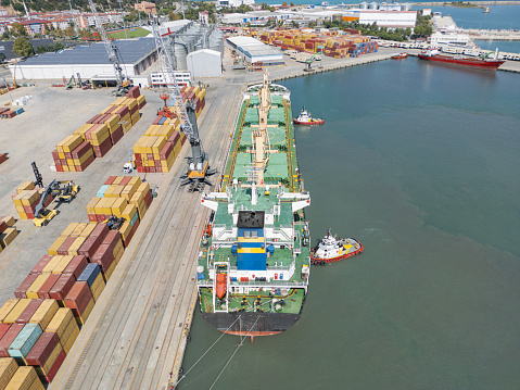 Cargo ship entering the international port.