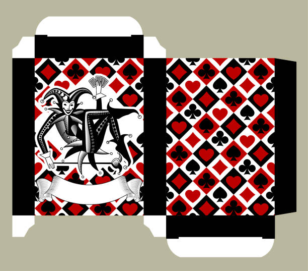 Playing cards tuck box template with Joker and ribbon banner in vintage engraving style and with background with playing card suit symbols Playing cards tuck box template with Joker and ribbon banner in vintage engraving style and with background with playing card suit symbols. Vector
illustration. blank playing card box stock illustrations