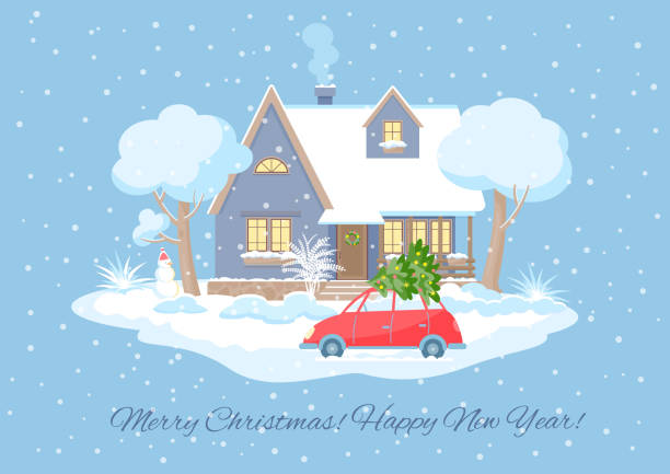 istock Winter snowing landscape with a cottage, car and Christmas tree. Greeting holidays card with snowman. Vector illustration in flat style on the blue background. 1823046608