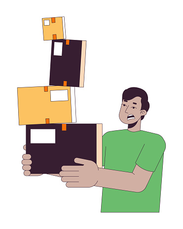 Troubled indian guy carrying unsteady cardboard boxes 2D linear cartoon character. Parcels holding south asian man isolated line vector person white background. Stressed color flat spot illustration