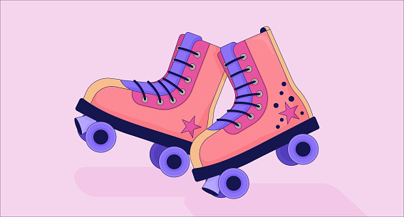 Old fashioned roller skates lofi wallpaper. Summertime leisure activities rollerskates vintage 2D objects cartoon flat illustration. Entertainment chill vector art, lo fi aesthetic colorful background