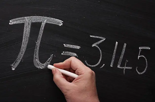 Hand writing the mathematical sign or symbol for Pi on a blackboard
