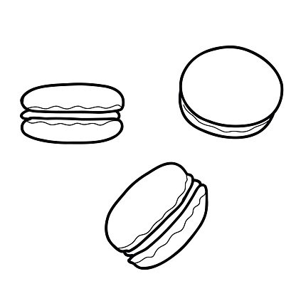 Macaroon cakes icons, vector illustration in doodle style. Hand-drawn sweet pastries isolated elements. For cafe menu or or confectionery packaging label