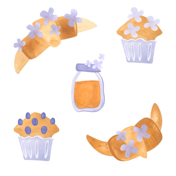 illustrazioni stock, clip art, cartoni animati e icone di tendenza di servizio da tè: muffin, croissant, un barattolo di miele decorato con fiori blu. illustrazione isolata ad acquerello su sfondo bianco. clipart. arredamento per un tea party o una festa in stile inglese. - fruitcake food white background isolated on white