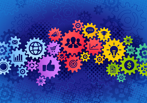 Multi colored connected gears with icons in it symbolizing business strategy, success, teamwork, communication concepts. In the background is deep blue halftone and blue gears.