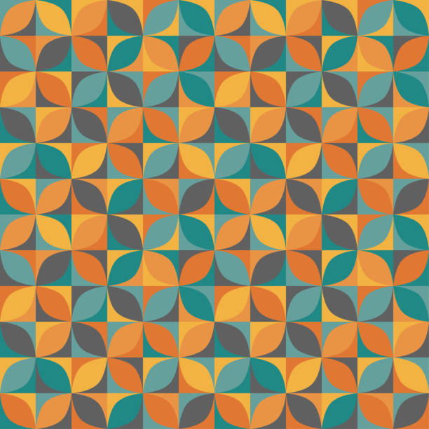Retro circles mosaic orange teal Colorful circle elements mosaic in retro 70s fashion. illusion pattern circle image created 1960s stock illustrations