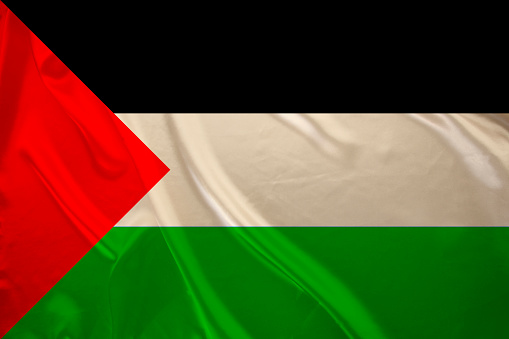 national flag of Palestine on silk with folds, concept of politics, global business, trading, international cooperation, basis for designer