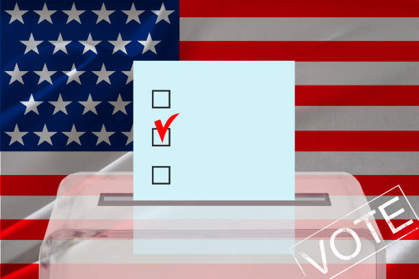 Transparent ballot box for voting with ballot in front US national flag, Election Process and Democracy, Fair Elections and Anti-Corruption