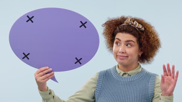Woman, speech bubble and hand chatting for social media, feedback or comment against a studio background. Female person, gen z or model with shape, icon or mockup for communication, voice or message