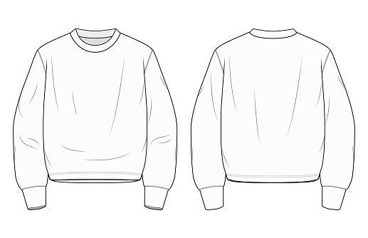 Blank sweater technical fashion illustration with long sleeves, regular fit. Heavyweight fleece. Flat apparel template front, back, white color style. Women, men, unisex CAD mockup.