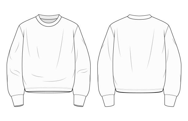 Crewneck Pullover Sweater Merch Design Template Blank sweater technical fashion illustration with long sleeves, regular fit. Heavyweight fleece. Flat apparel template front, back, white color style. Women, men, unisex CAD mockup. sweater stock illustrations