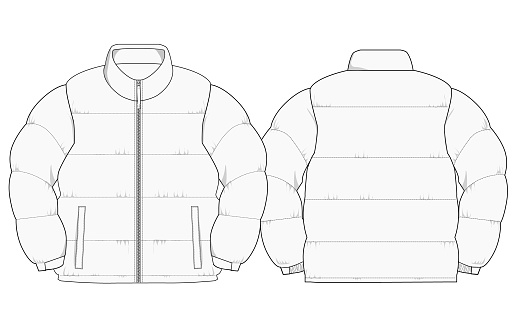 This vector illustration provides a comprehensive design template for a nylon insulated puffer jacket, featuring both front and back views. The template is meticulously detailed, showcasing the characteristic quilted design of puffer jackets, which is essential for providing warmth and insulation. The illustration highlights key elements such as the zipper closure, stand-up collar, and pocket placement, ensuring a realistic representation of the jacket's functionality and style. Rendered in a neutral tone, this template serves as an invaluable resource for fashion designers and apparel manufacturers, facilitating the development of new outerwear designs. The clear and detailed depiction of the jacket is also suitable for use in marketing materials, offering a precise visual guide for potential buyers or for educational purposes in fashion design courses.