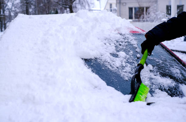pulizia della neve dall'auto con una spazzola in primo piano - snow car window ice scraper foto e immagini stock