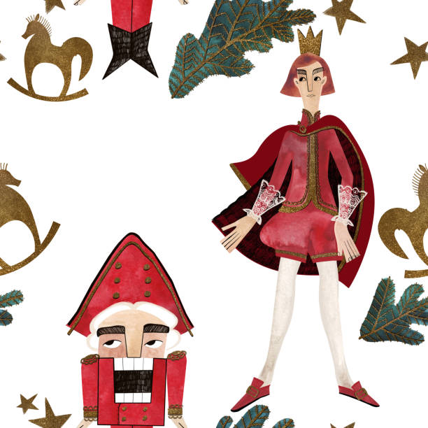 istock Nutcracker, prince and fir branches. Seamless watercolor pattern for New Year and Christmas wrapping paper. Vintage style gifts for children under the Christmas tree. 1823208254
