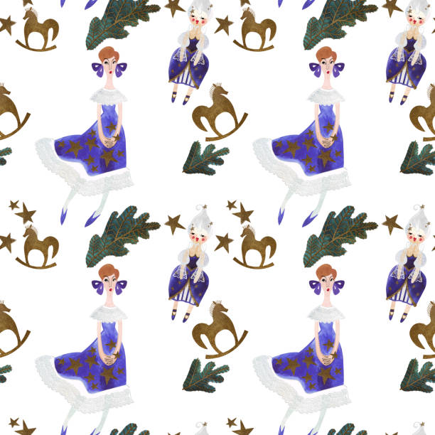 Princess, doll and fir branches. Seamless watercolor pattern for New Year and Christmas wrapping paper. Vintage style gifts for children under the Christmas tree. Princess, doll and fir branches. Seamless watercolor pattern for New Year and Christmas wrapping paper. Vintage style gifts for children under the Christmas tree tissue box pattern stock illustrations