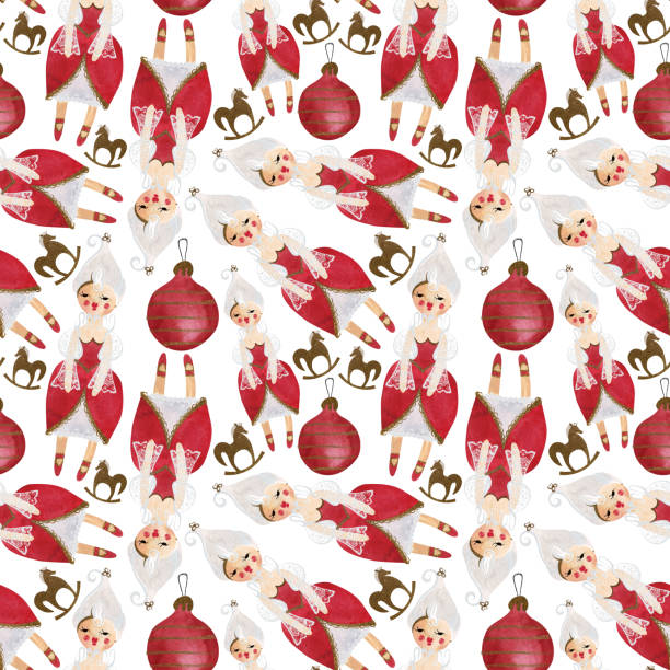 Dolls and gold stars. Seamless watercolor pattern for New Year and Christmas wrapping paper. Vintage style gifts for children under the Christmas tree. Dolls and gold stars. Seamless watercolor pattern for New Year and Christmas wrapping paper. Vintage style gifts for children under the Christmas tree tissue box pattern stock illustrations