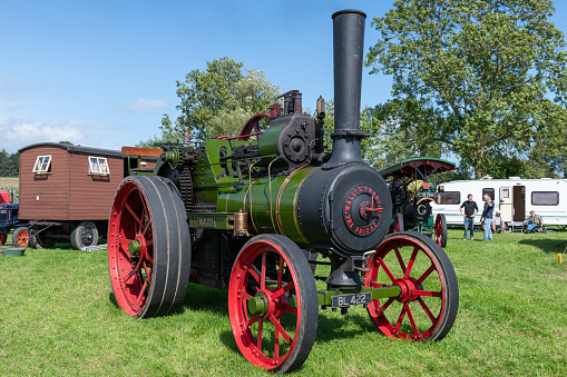 Drayton.Somerset.United Kingdom.August 19th 2023.A restored Wallis and Steevens traction engine from 1907 called Bailius is on show at a Yesterdays Farming event