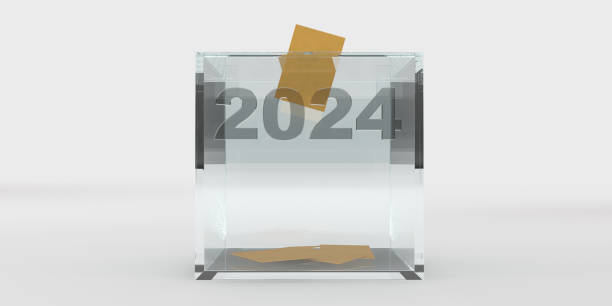 Turkish local elections 2024. The yellow voting envelope is put into the glass ballot box. On the ballot box, the 2024 local elections are written in Turkish. Large copy space on white background and clipping path. dnc stock pictures, royalty-free photos & images