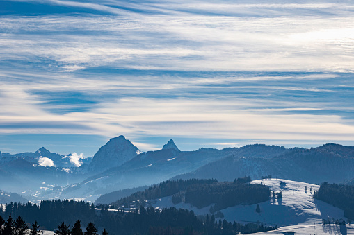View to the snowcapped Bregenzerwald area at Faschina in Vorarlberg, Austria.