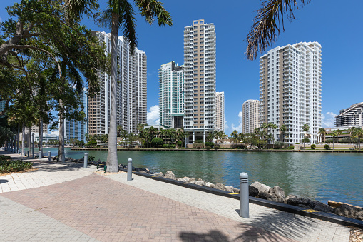 Waterfront residential buildings in Brickell Key, Miami, Florida, USA