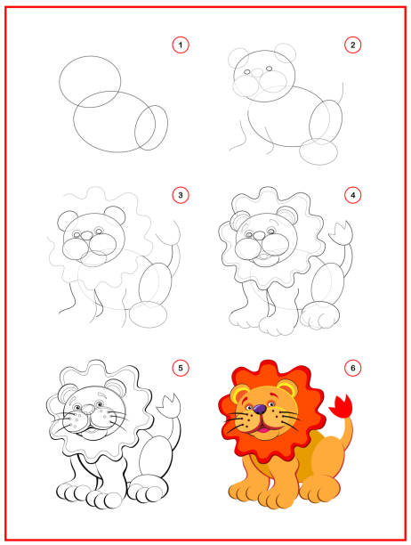 strona pokazuje, jak krok po kroku nauczyć się rysować uroczego małego lwa zabawkowego. rozwijanie umiejętności rysowania i kolorowania u dzieci. arkusz do wydrukowania dla szkolnego zeszytu ćwiczeń dla dzieci. płaska ilustracja wektorowa. - stepwise stock illustrations