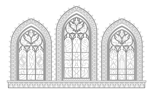 Black and white drawing for coloring book. Beautiful medieval stained glass window in French churches. Gothic architectural style in western Europe. Worksheet for children. Fantasy vector image.