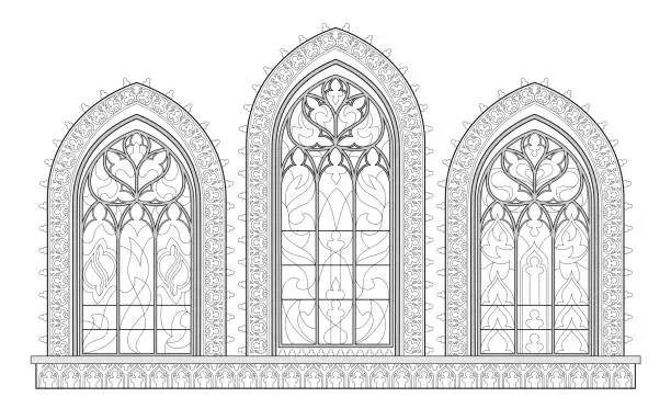 Vector illustration of Black and white drawing for coloring book. Beautiful medieval stained glass window in French churches. Gothic architectural style in western Europe. Worksheet for children. Fantasy vector image.