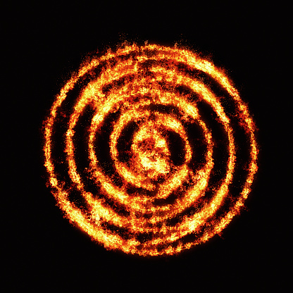 Maths is hot! Two intersecting Archimedean spirals in flames on a dark background.