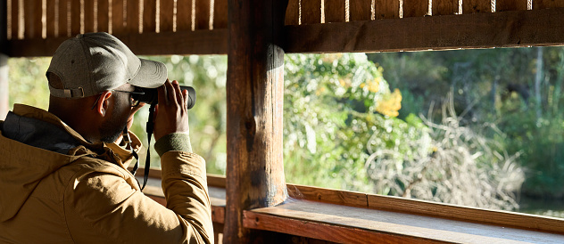 Young man looking out through a gap inside of a wildlife observation blind with binoculars while visiting a nature reserve